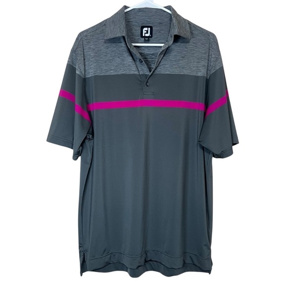 FJ Footjoy Men’s Golf Polo Shirt Gray Pink Stripe Colorblock Collar Size Medium - Picture 1 of 8